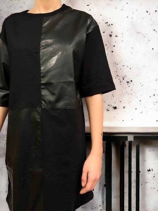 Kadın Önü Deri Parça Detaylı Pamuklu Elbise