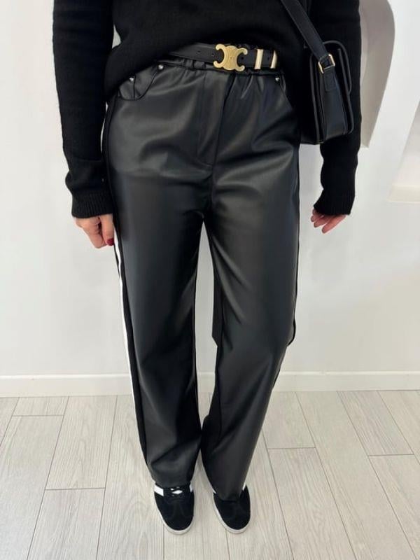 Kadın Önü Deri Yanları Şeritli Arkası Düz Kumaş Tasarım Pantolon