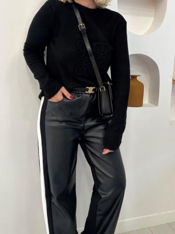 Kadın Önü Deri Yanları Şeritli Arkası Düz Kumaş Tasarım Pantolon