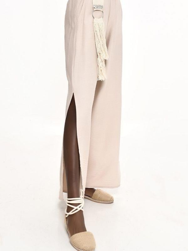 Kadın Yanları Yırtmaçlı Halat Detaylı Geniş Paçalı Tasarım Pantolon