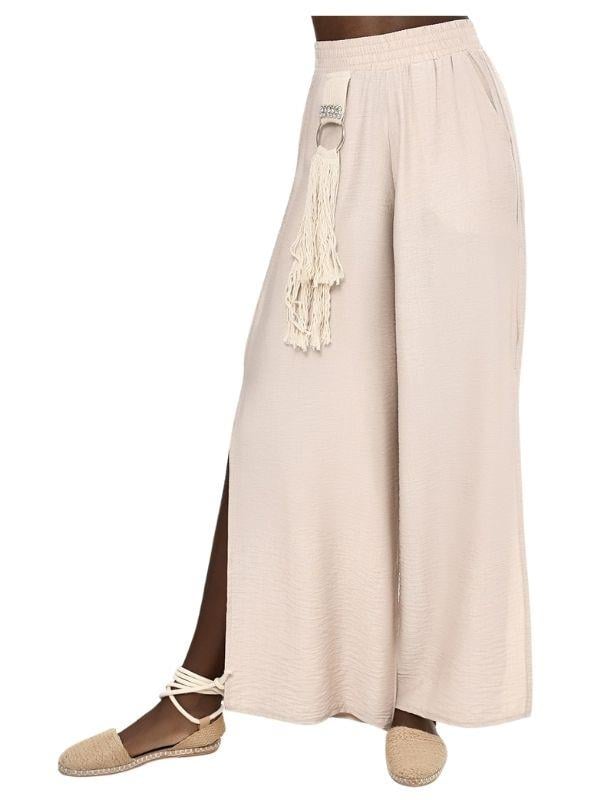 Kadın Yanları Yırtmaçlı Halat Detaylı Geniş Paçalı Tasarım Pantolon