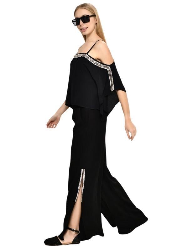 Kadın Yanları Yırtmaçlı Taş Detaylı Geniş Paçalı Tasarım Pantolon