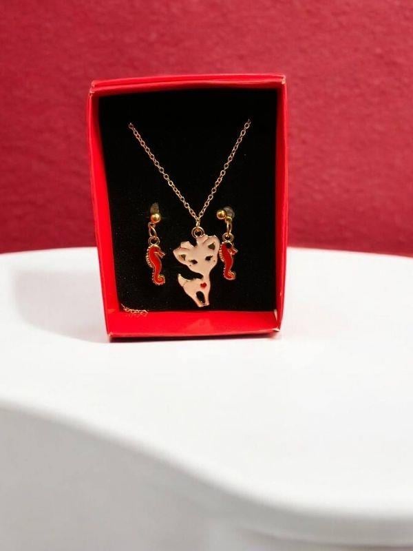 Kedi ve Deniz Atı Charmlı Tasarım Kolye Küpe Set