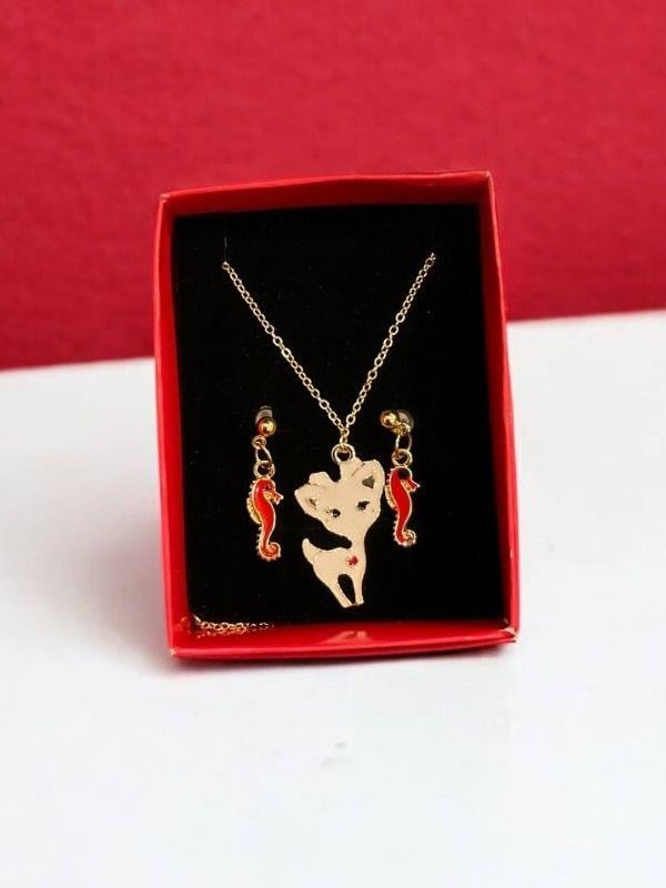 Kedi ve Deniz Atı Charmlı Tasarım Kolye Küpe Set