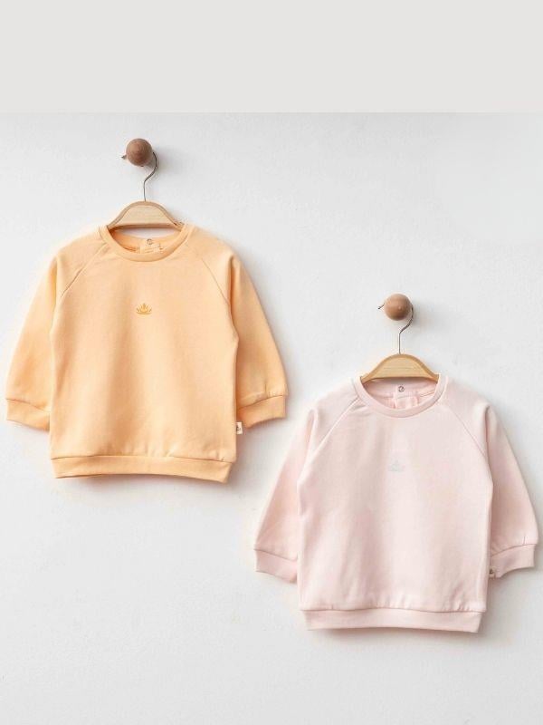 Kız Bebek 2’li Organik Basic Pembe ve Turuncu Sweatshirt Seti