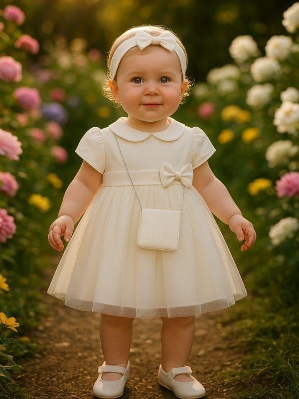 Kız Bebek Beli Fiyonklu Çantalı Abiye Elbise