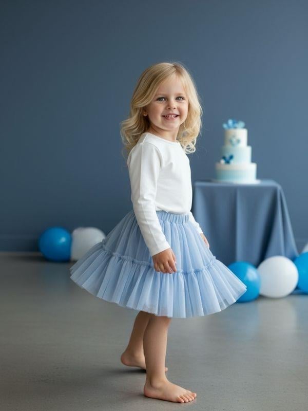 Kız Bebek Beli Lastikli Katkat Mavi Tütü Etek