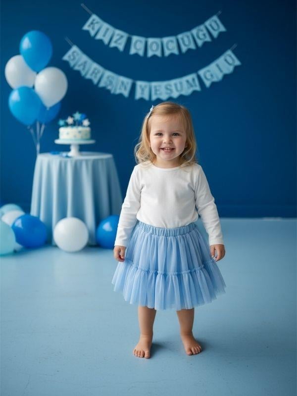 Kız Bebek Beli Lastikli Katkat Mavi Tütü Etek