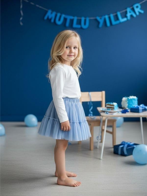 Kız Bebek Beli Lastikli Katkat Mavi Tütü Etek