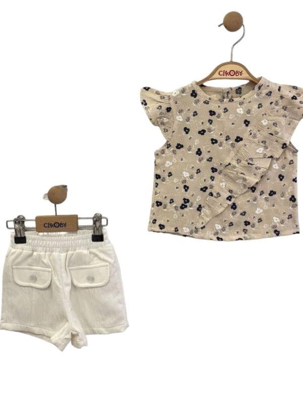 Kız Bebek  Bluzu Fırfırlı Çiçek Desenli Şort Takım
