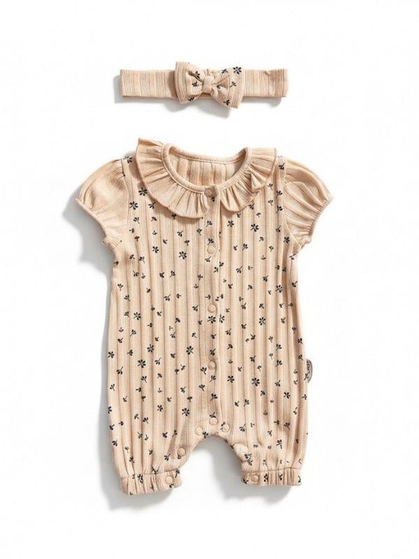 Kız Bebek Çiçek Desenli Bandanalı Şortlu Tulum