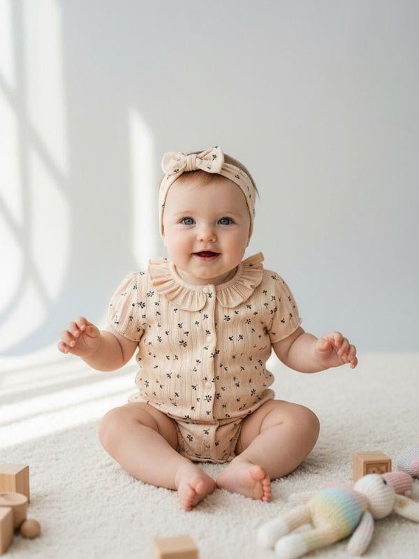 Kız Bebek Çiçek Desenli Bandanalı Şortlu Tulum