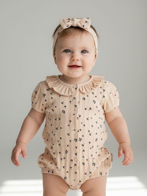 Kız Bebek Çiçek Desenli Bandanalı Şortlu Tulum