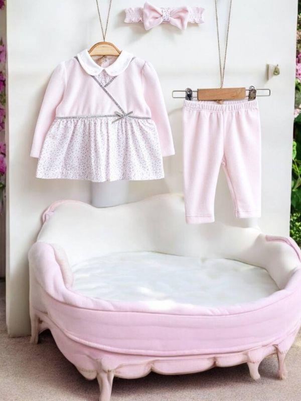 Kız Bebek Çiçek Desenli Emprime Kadife Saç Bantlı Eşofman Takım