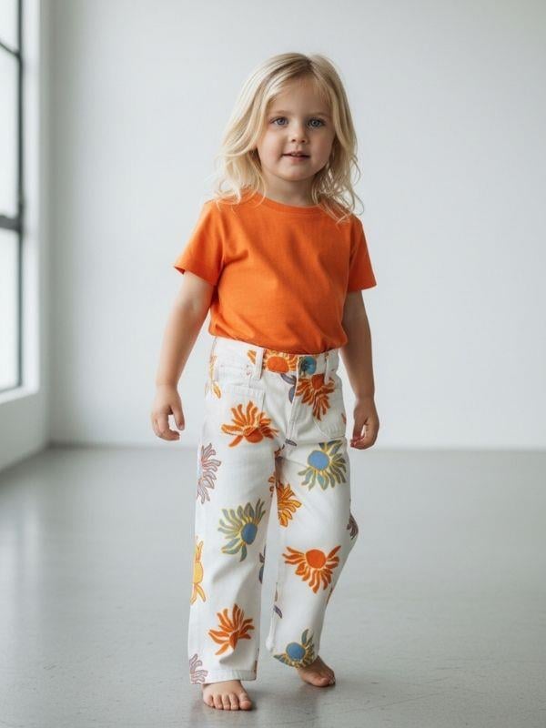 Kız Bebek Çiçek Desenli Geniş Paçalı Denim Pantolon