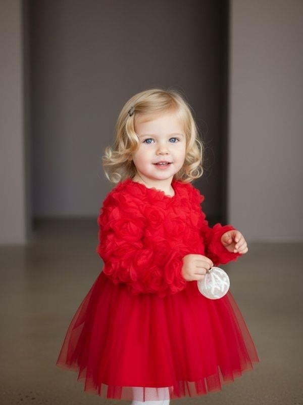Kız Bebek Çiçek Desenli Tasarım Kırmızı Elbise