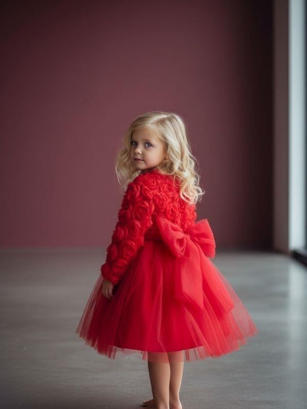Kız Bebek Çiçek Desenli Tasarım Kırmızı Elbise