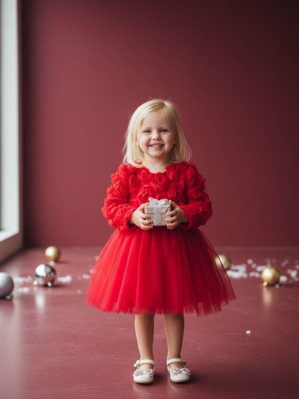 Kız Bebek Çiçek Desenli Tasarım Kırmızı Elbise