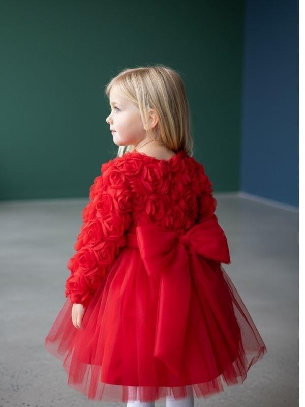 Kız Bebek Çiçek Desenli Tasarım Kırmızı Elbise