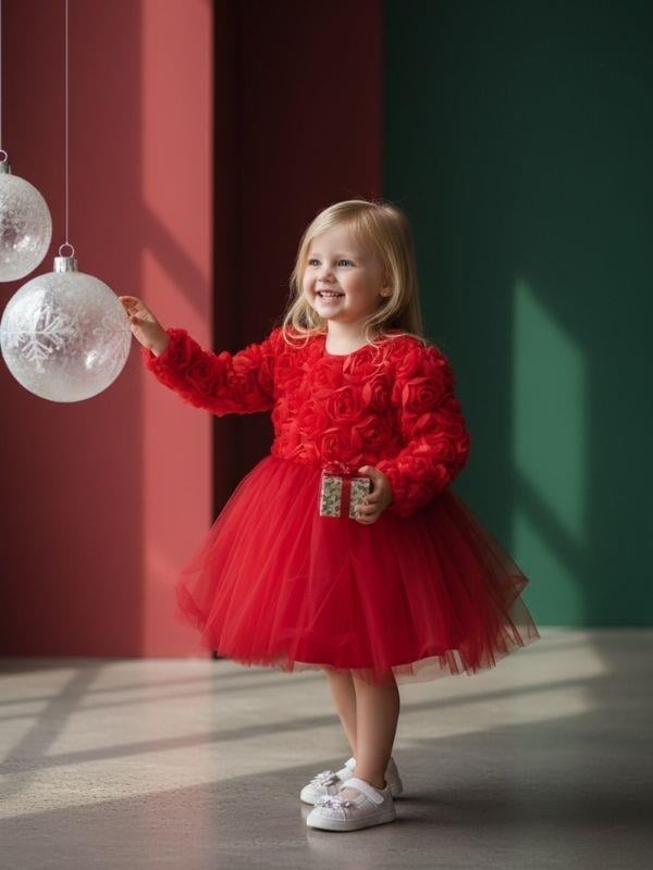 Kız Bebek Çiçek Desenli Tasarım Kırmızı Elbise