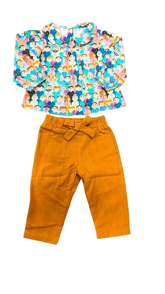 Kız Bebek Çocuk  Pamuklu Desenli Gömlek Pantolonlu Takım