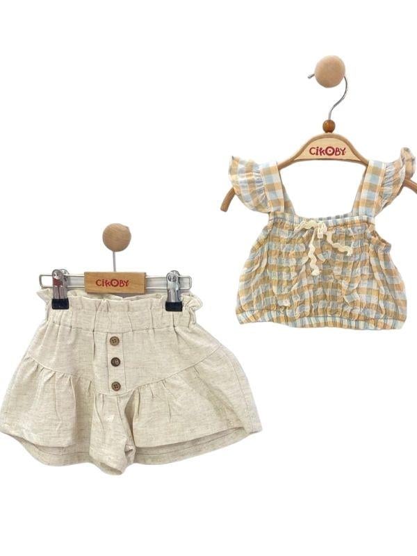 Kız Bebek Çocuk Üst Pütükare Askılı Şortlu Takım