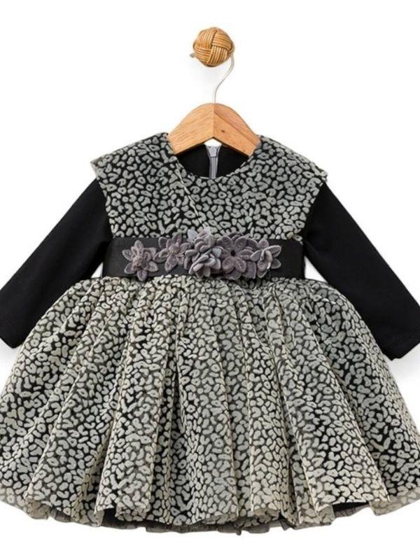 Kız Bebek Çocuk Uzun Kol Çiçek Detaylı Abiye Elbise