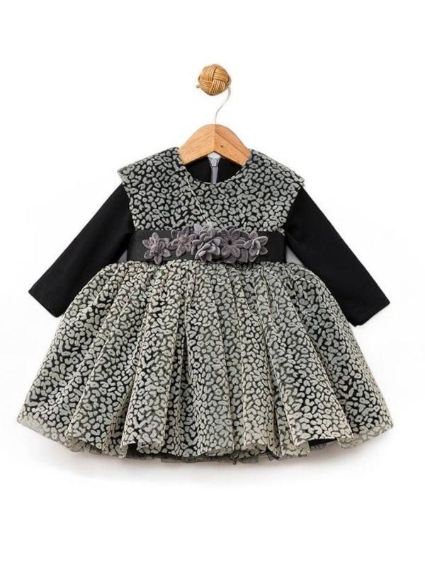 Kız Bebek Çocuk Uzun Kol Çiçek Detaylı Abiye Elbise