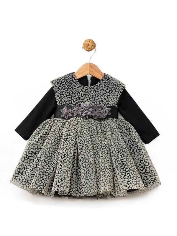 Kız Bebek Çocuk Uzun Kol Çiçek Detaylı Abiye Elbise