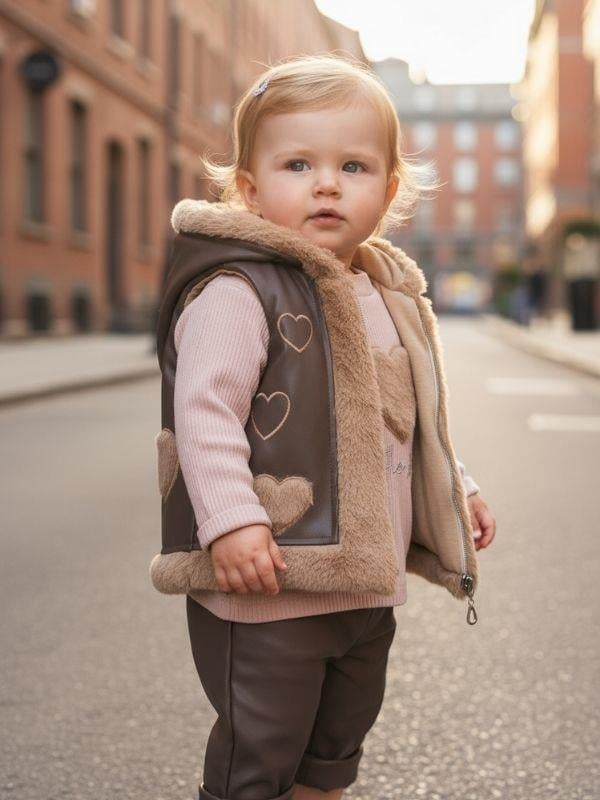 Kız Bebek Deri Yelek Body ve Taytlı 3'lü EşofmanTakımı