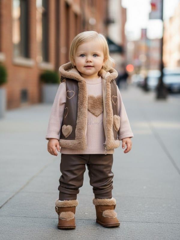 Kız Bebek Deri Yelek Body ve Taytlı 3'lü EşofmanTakımı