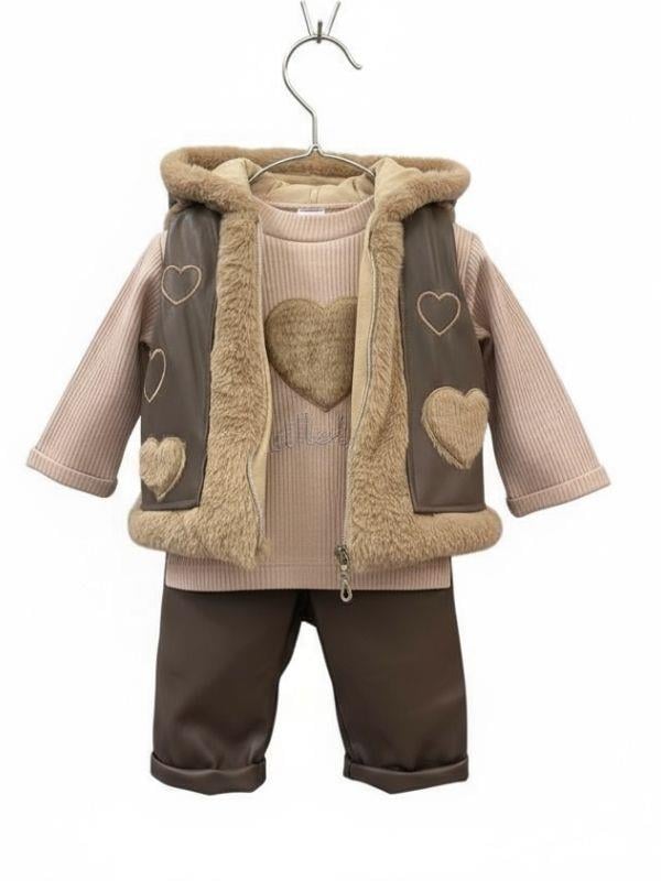 Kız Bebek Deri Yelek Body ve Taytlı 3'lü EşofmanTakımı