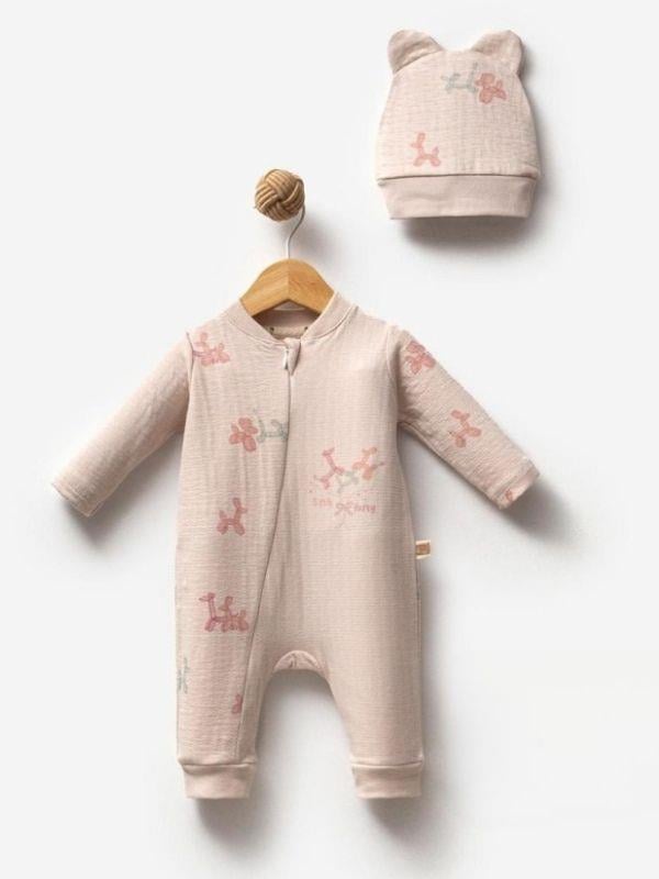 Kız Bebek Desenli Şapkalı Tulum