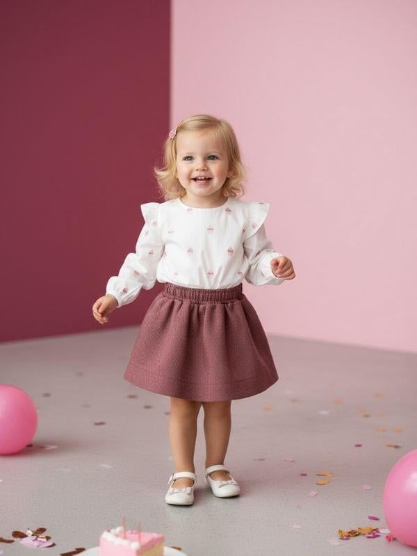 Kız Bebek Dokulu Kumaş Cepli Kloş Etek