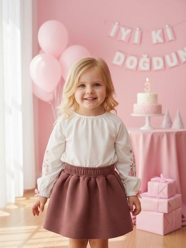 Kız Bebek Dokulu Kumaş Cepli Kloş Etek