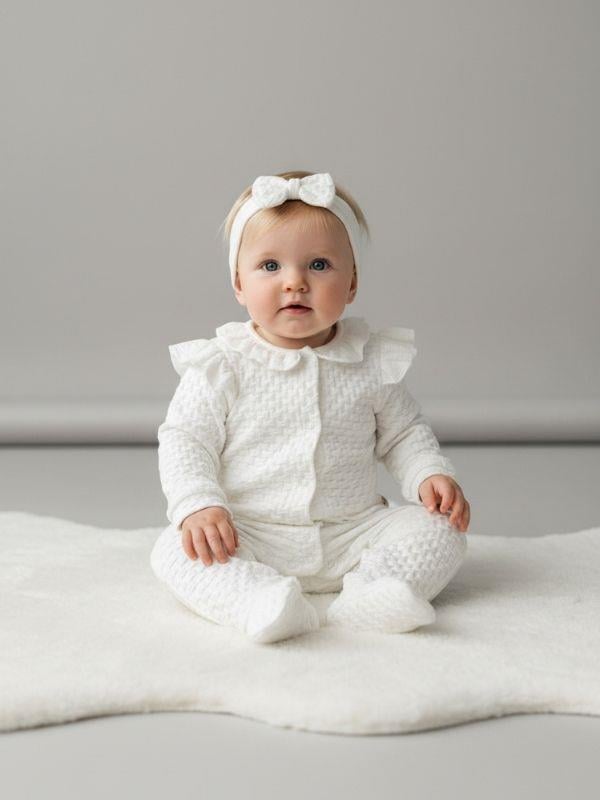 Kız Bebek Dokulu Kumaş Patikli Bandanalı Tulum