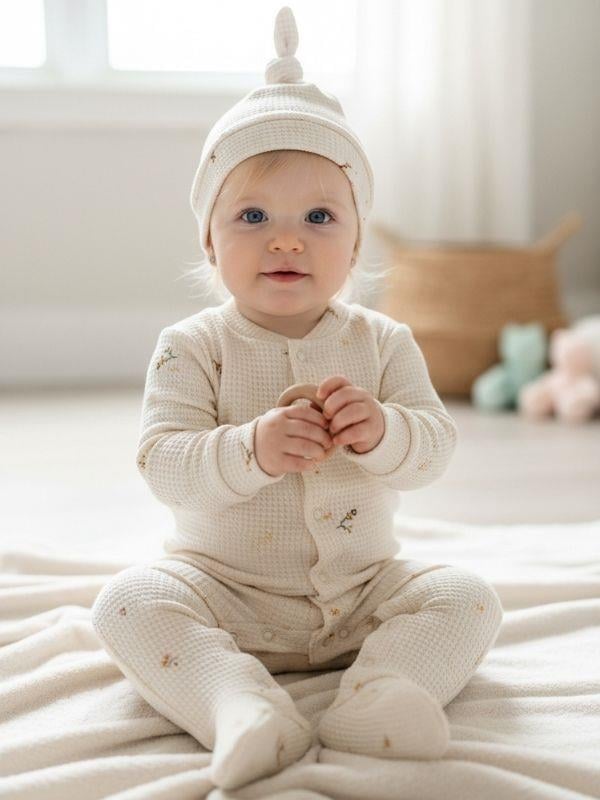 Kız Bebek Dokulu Pike Kumaş Pamuklu Şapkalı Patikli Tulum