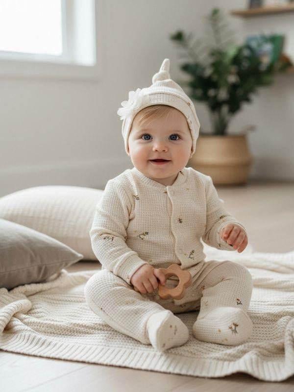 Kız Bebek Dokulu Pike Kumaş Pamuklu Şapkalı Patikli Tulum