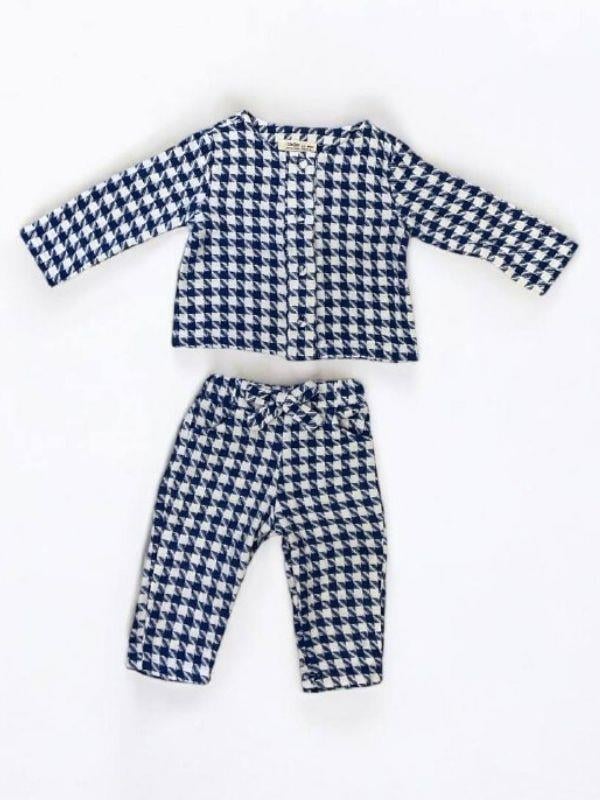 Kız Bebek Dokuma Kazayağı Desenli Ceketli Pantolon Takım