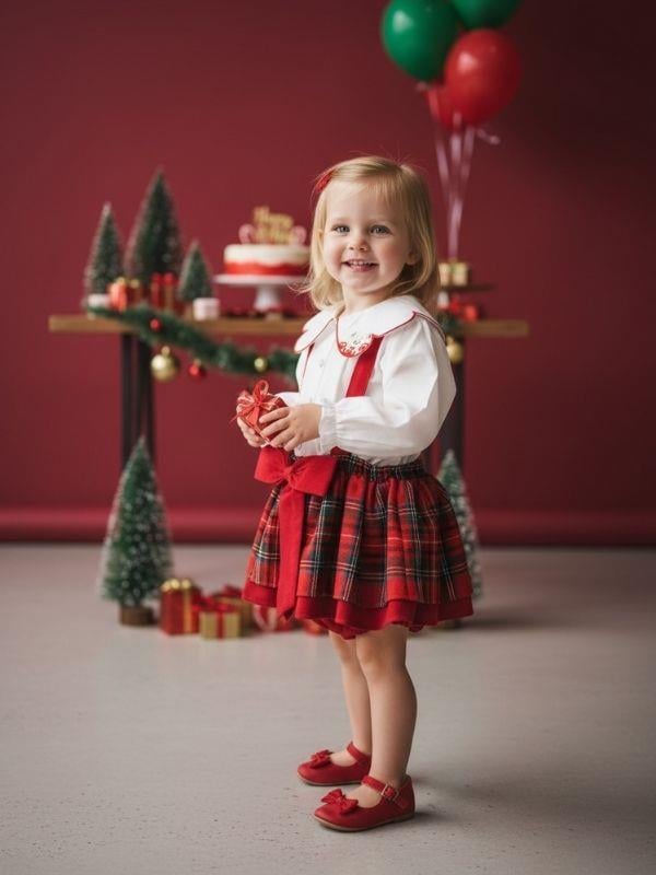 Kız Bebek Ekose Desenli Etek Gömlek Takım