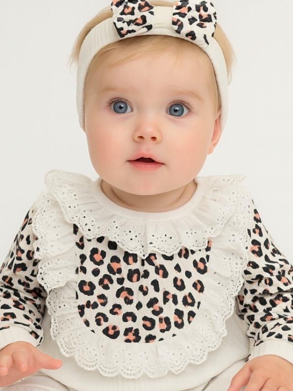Kız Bebek Fırfırlı Leopar Desenli Bandanalı Tulum