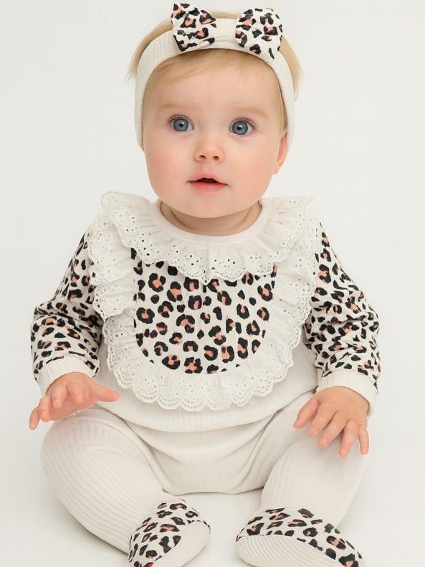 Kız Bebek Fırfırlı Leopar Desenli Bandanalı Tulum