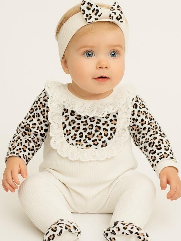 Kız Bebek Fırfırlı Leopar Desenli Bandanalı Tulum