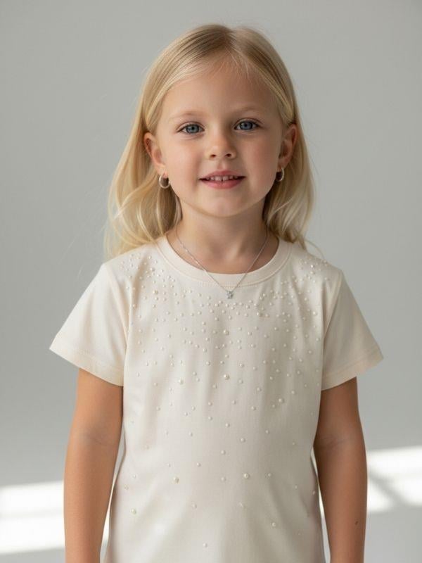 Kız Bebek İnci Detaylı Kısa Kollu T-shirt