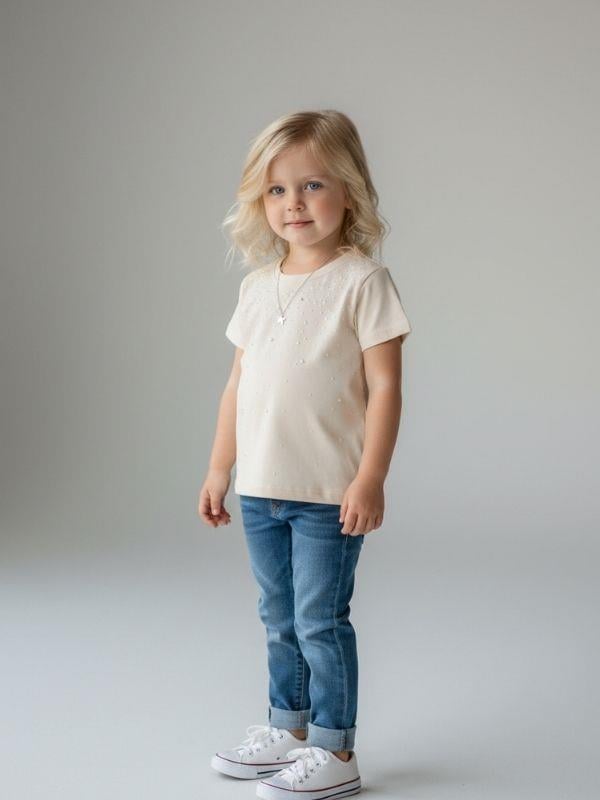 Kız Bebek İnci Detaylı Kısa Kollu T-shirt