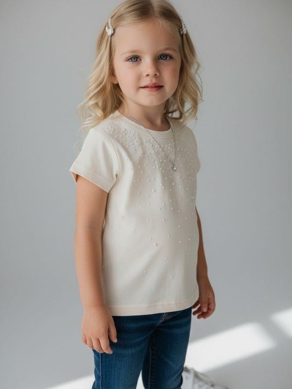 Kız Bebek İnci Detaylı Kısa Kollu T-shirt