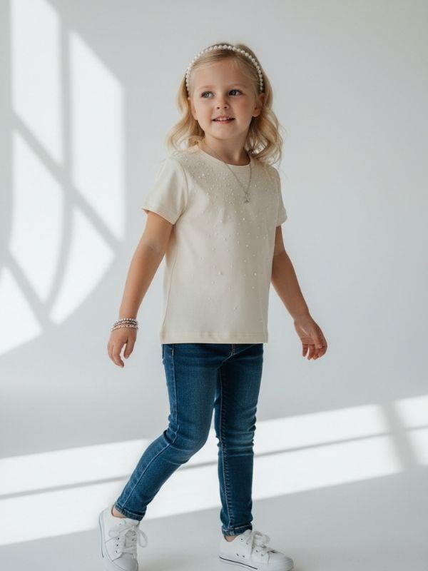 Kız Bebek İnci Detaylı Kısa Kollu T-shirt