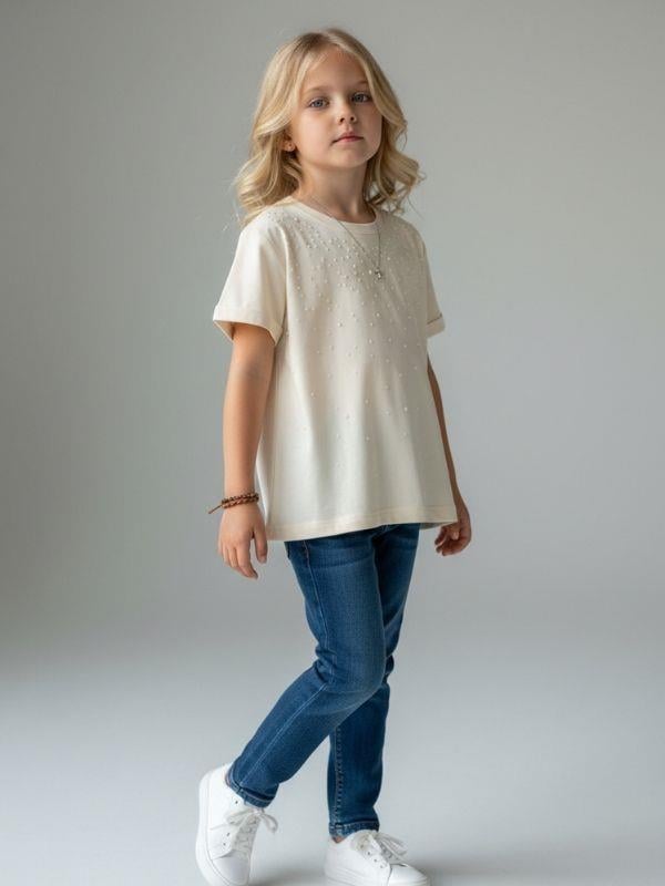 Kız Bebek İnci Detaylı Kısa Kollu T-shirt