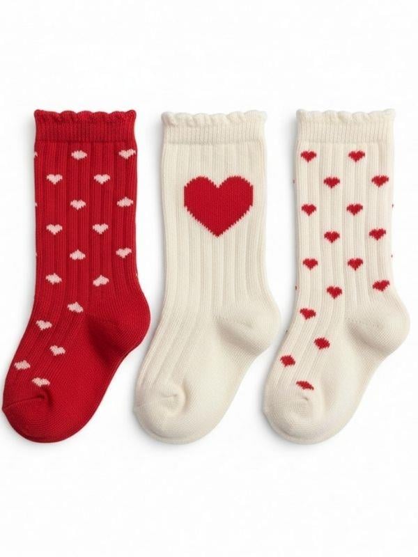 Kız Bebek Kalp Desenli Kutulu Hediyelik 3'lü Dizaltı Çorap Seti