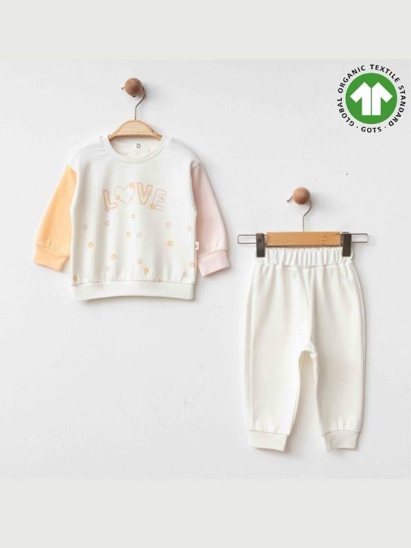 Kız Bebek Kalp Desenli Love Yazılı Organik Eşofman Takım